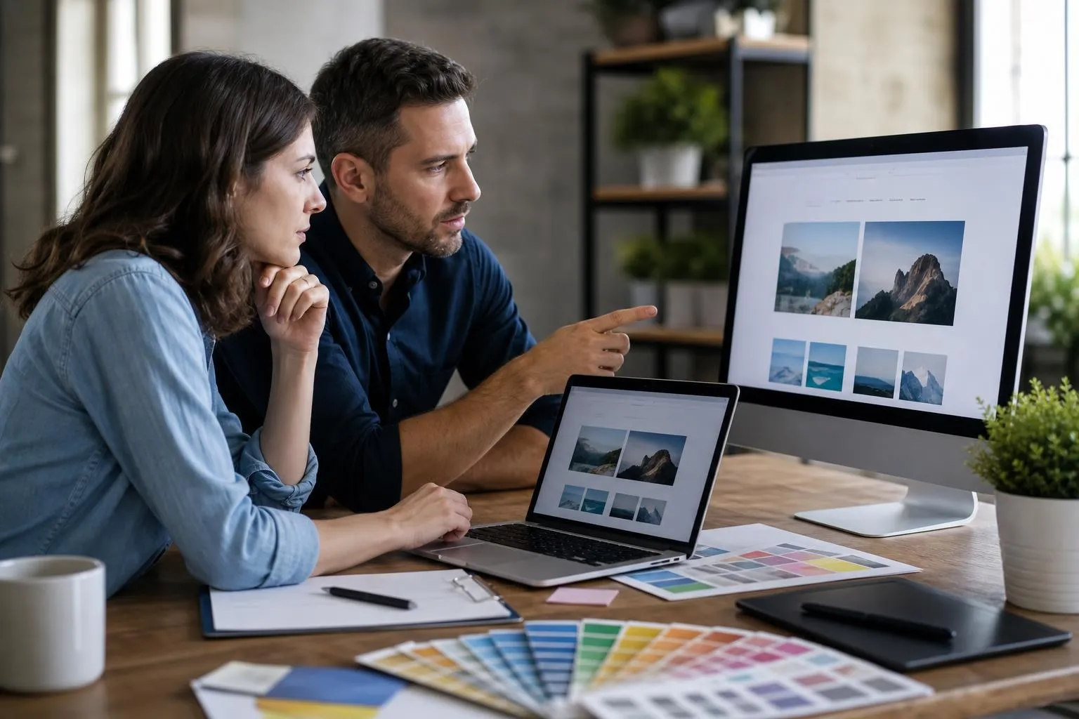 Two designers reviewing a website layout on a desktop monitor and laptop surrounded by colour swatches and design tools in a modern office.