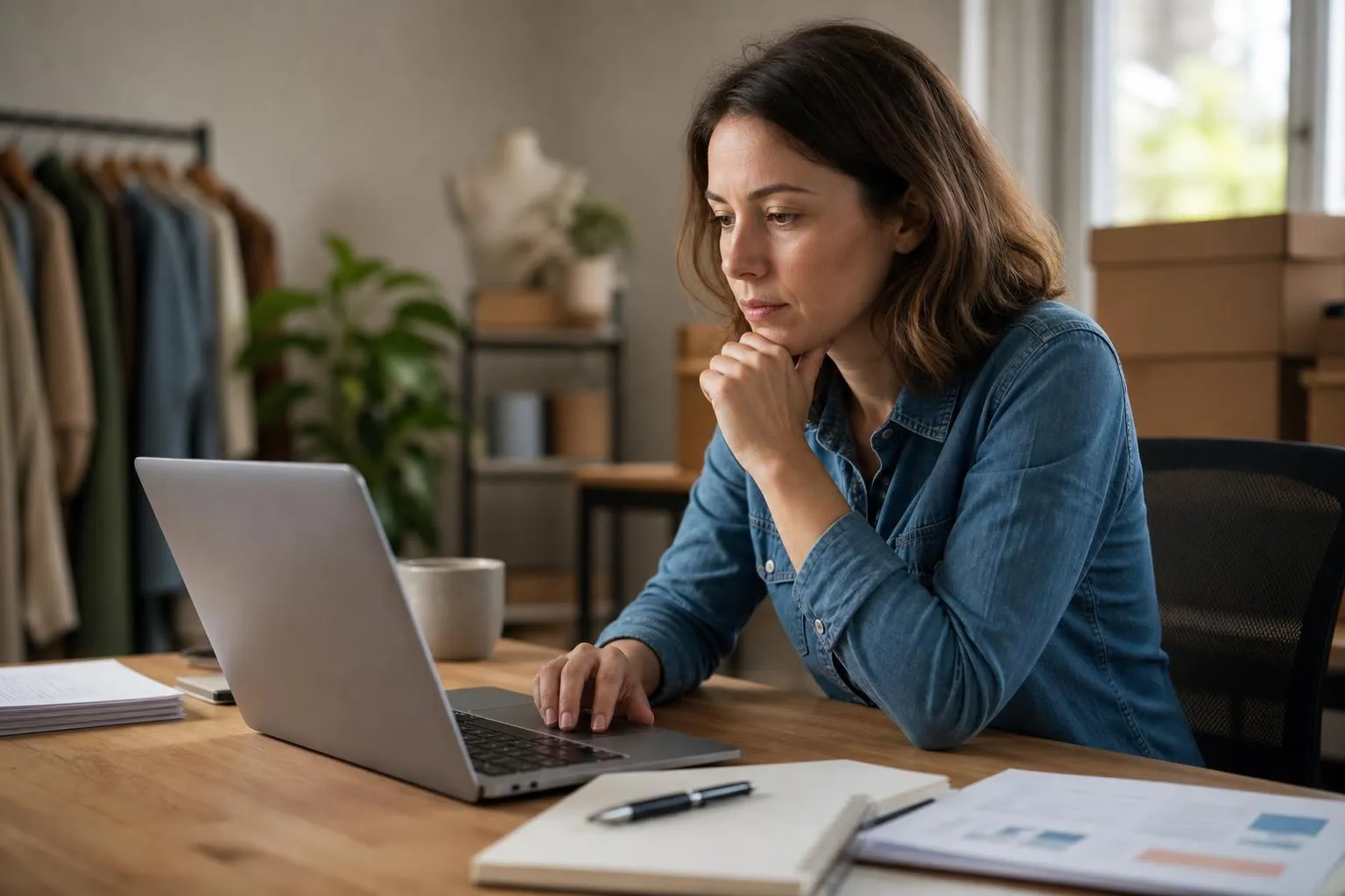 Focused woman in a denim shirt working on a laptop at a wooden desk in a home office or studio with clothing racks and boxes.