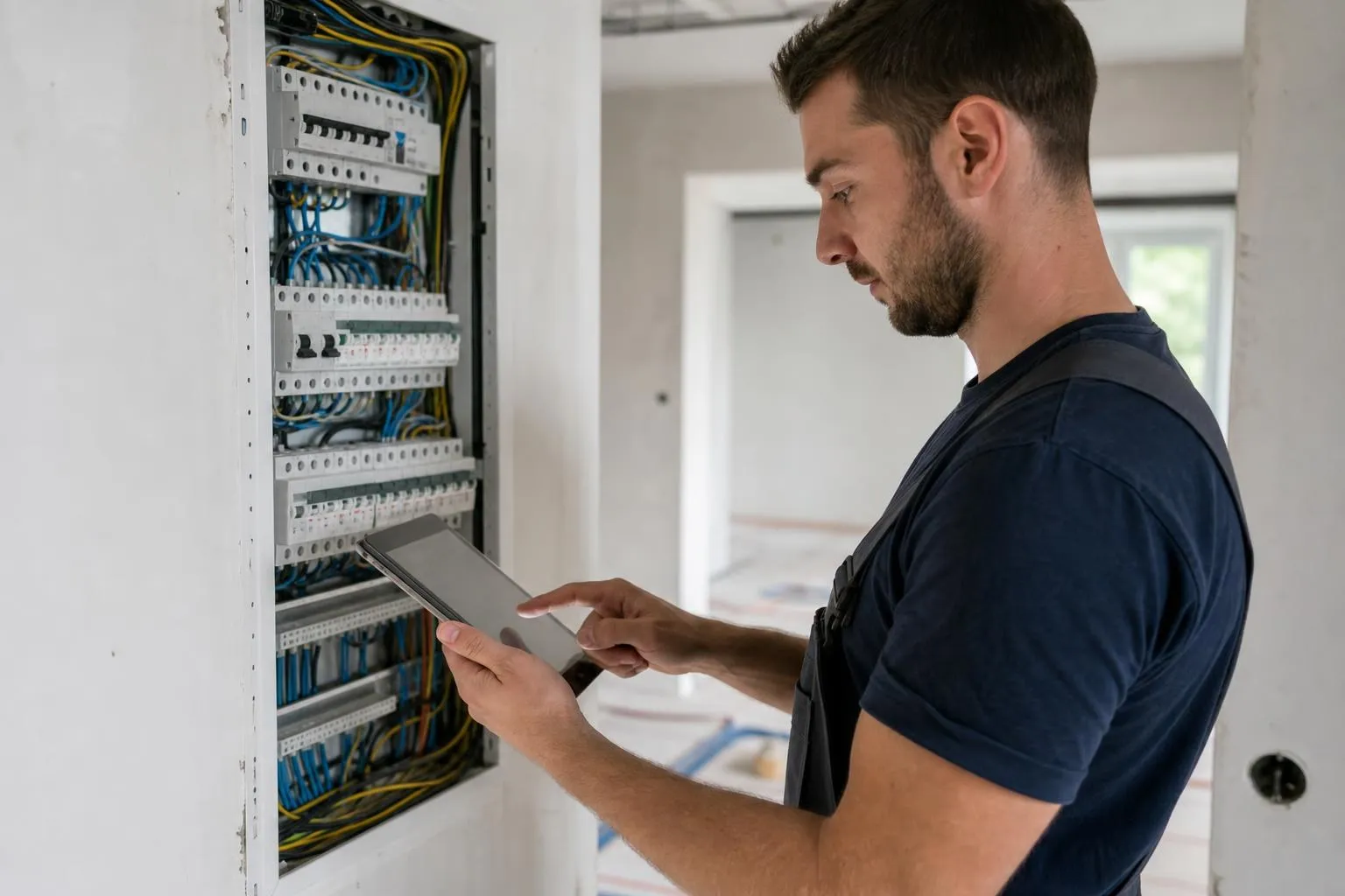 Male electrician in a blue uniform using a digital tablet while inspecting an open electrical breaker panel with complex wiring.
