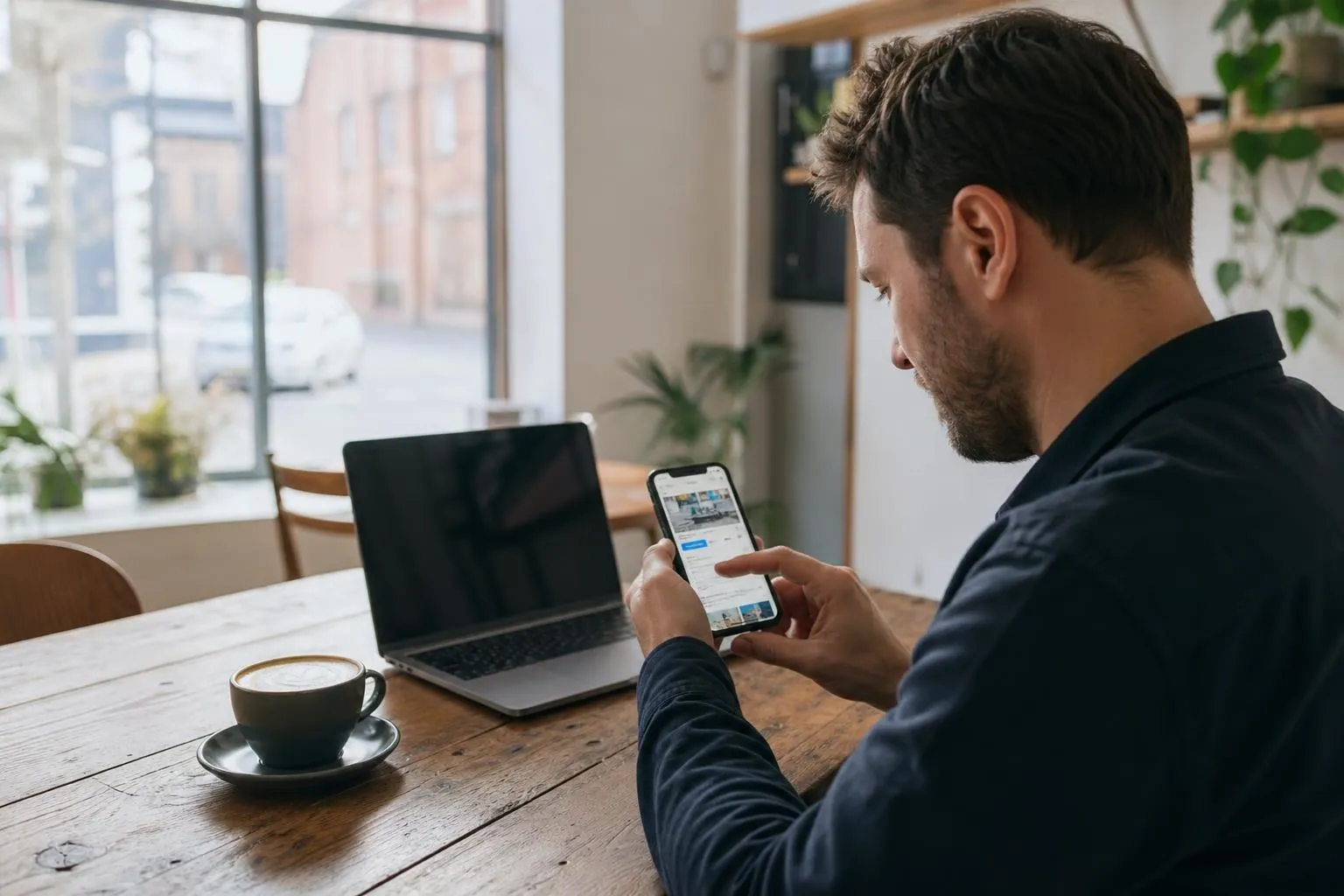 Man in a cafe viewing a Google Business Profile on his smartphone next to a laptop and latte on a wooden table.