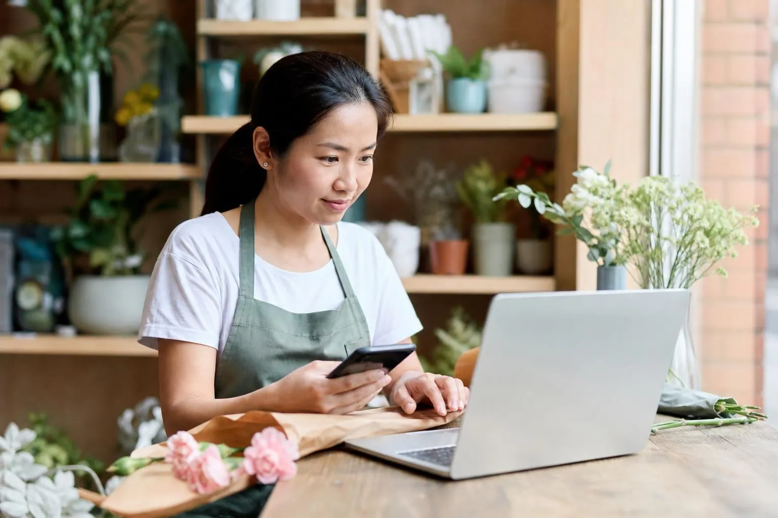 Female florist in a green apron using a laptop and smartphone at a wooden table in a flower shop filled with potted plants.