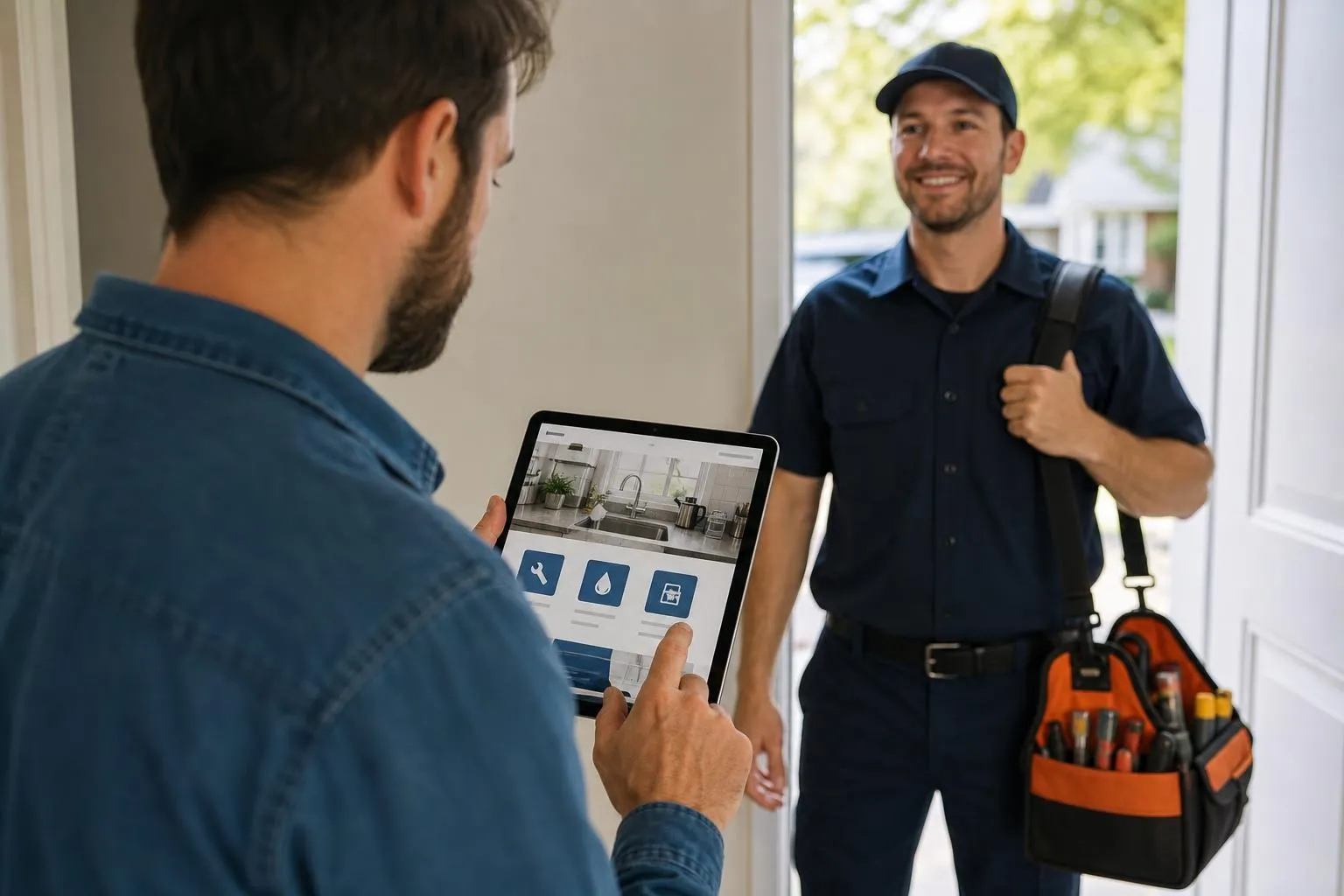 Homeowner viewing a professional plumbing service website on a tablet while a smiling plumber in uniform stands at the front door.