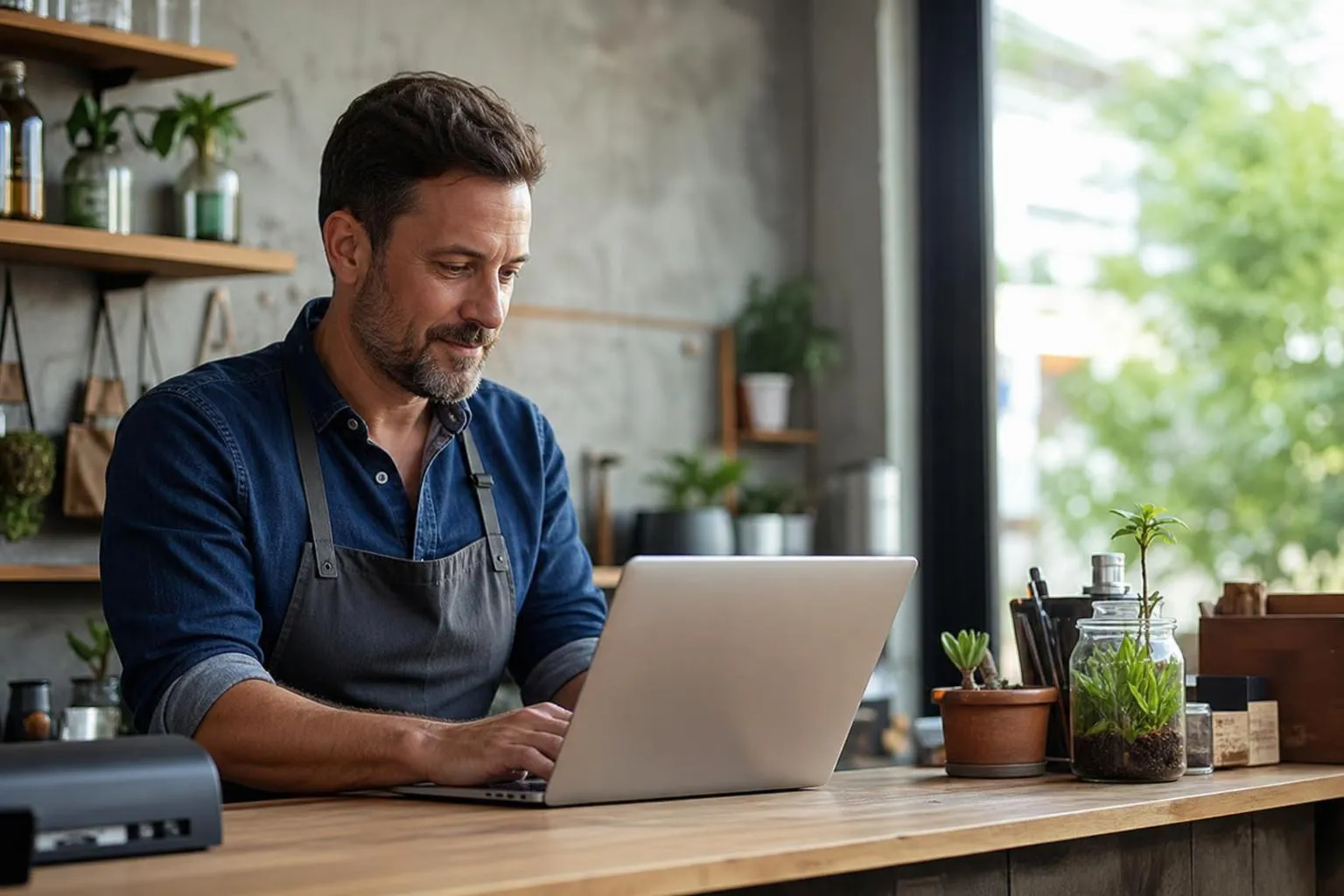Small business owner in a denim shirt and apron working on a laptop at a wooden counter in a bright, modern shop.